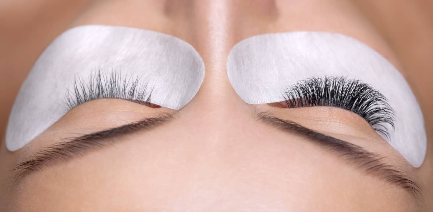 Lash Extensions Eyelash extension procedure close up, comparing with and without the extensions