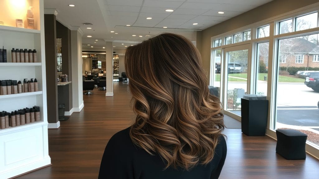 With a picturesque setting behind her, a woman displays her black hair with brown highlights styled in soft waves, radiating elegance during sunset in a tranquil neighborhood.