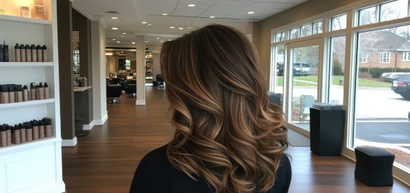 With a picturesque setting behind her, a woman displays her black hair with brown highlights styled in soft waves, radiating elegance during sunset in a tranquil neighborhood.